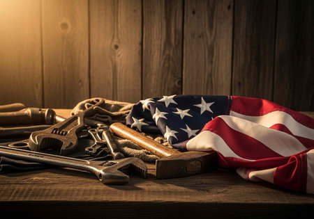 American flag, tools, and wooden workbench in a rustic workshop setting with warm lightingの写真素材
