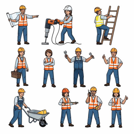 Cartoon illustration of construction workers and engineers in different poses with safety gear and tools.の写真素材