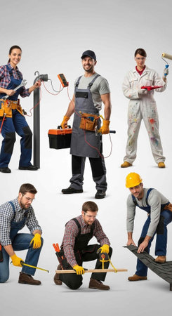 Group of seven construction workers with tools and equipment on a plain white background, showcasing different professionsの写真素材
