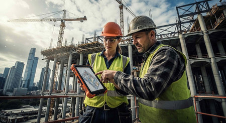 Two workers in safety gear examine a tablet on a construction site with cityscape background