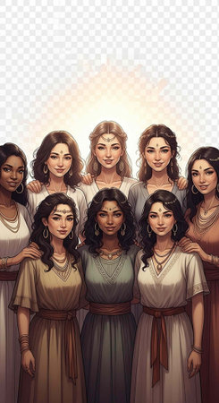 Nine women of different ethnicities wearing traditional dresses and jewelry stand together smiling