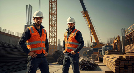 Construction workers in safety gear pose on site with crane, steel, and lumber in background.