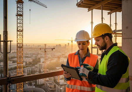 Construction workers in hard hats and safety vests examine a tablet on a building site with city...