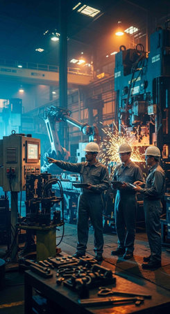 Three workers in hard hats and uniforms inspect equipment amidst welding sparks and industrial...