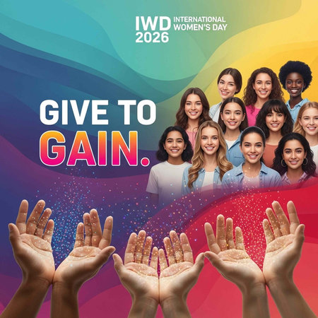 Vibrant poster featuring diverse women, outstretched hands, and rainbow background for IWD 2026の写真素材