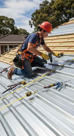 Man in hard hat and harness kneels on metal roof with tools and equipment nearby