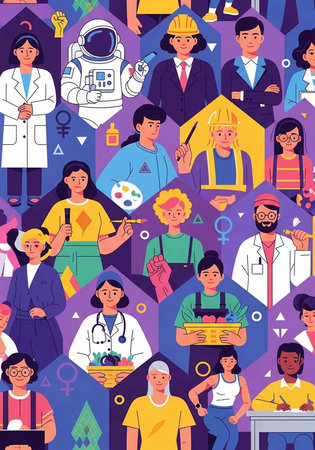 Colorful illustration of diverse professionals in various occupations and careers, men and women