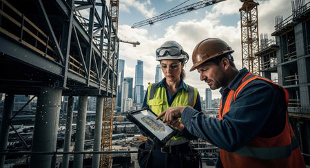 Two construction workers in hard hats and vests review plans on a tablet at a building site