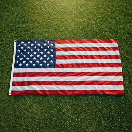 The American flag on a green grassy field with sunlight shining down