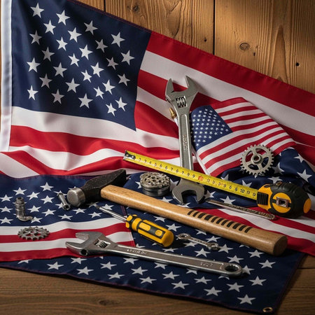 A collection of tools and equipment on an American flag background