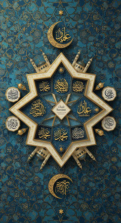 A beautifully designed art piece featuring intricate Arabic calligraphy and geometric patterns on a...