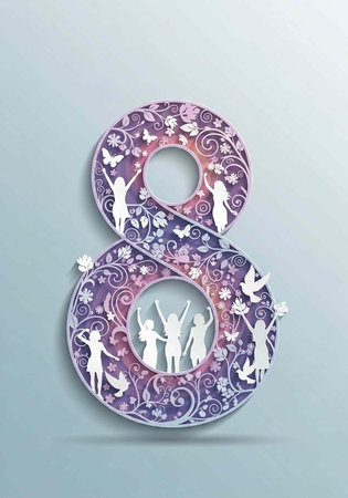 A decorative number eight with floral patterns and silhouettes of people and birds on a purple...