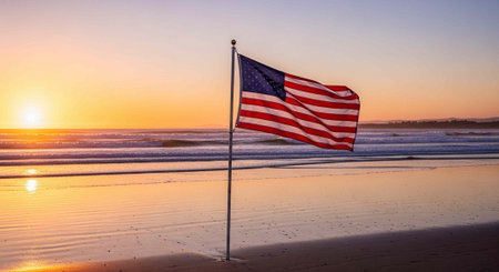 An American flag waves on a beach at sunset with a serene ocean view in the background.の写真素材