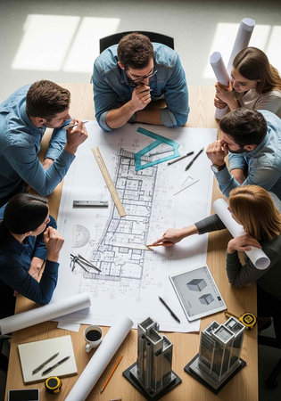 A group of architects and engineers collaborating on a building design project in a modern office settingの写真素材