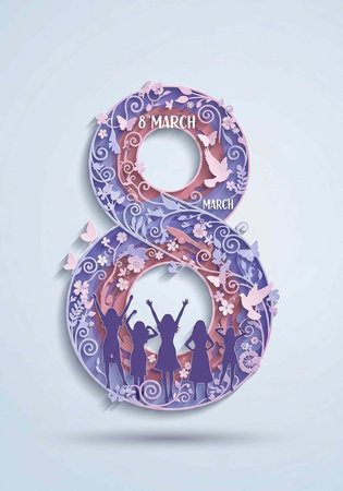 A colorful paper cutout of the number 8 with floral designs and silhouettes of women celebrating...