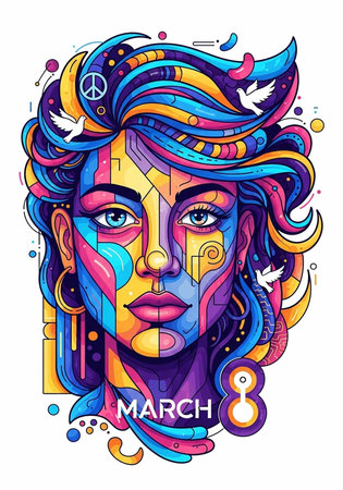 A vibrant and colorful illustration of a woman's face with peace signs and birds in her hair