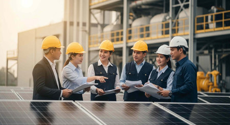 A group of engineers and technicians in hard hats discussing solar panels at a renewable energy...