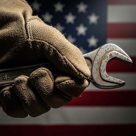 A gloved hand holds a rusty wrench in front of the American flag