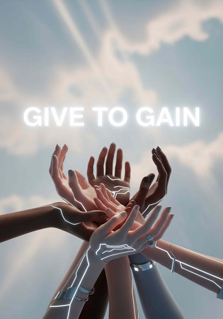A group of diverse hands reaching up towards a bright sky with clouds and sunlight