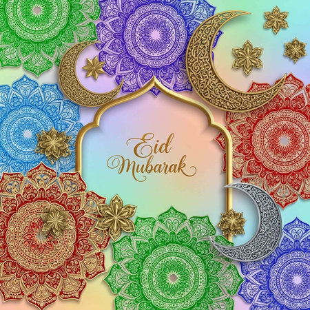 A colorful Eid Mubarak greeting card with intricate designs and patternsの写真素材