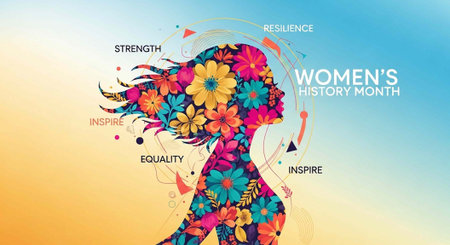 A vibrant illustration of a woman's silhouette made of colorful flowers celebrating Women's History Month with inspiring wordsの写真素材