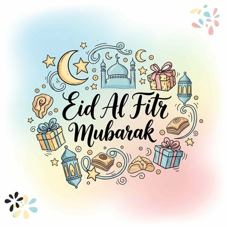 A colorful illustration of Eid Al Fitr Mubarak with gifts and lanterns on a pastel backgroundの写真素材