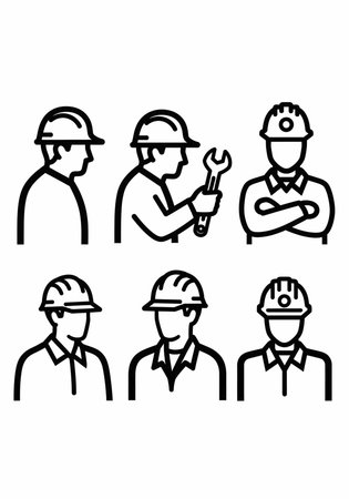 A set of construction workers wearing hard hats and safety gear in various poses and expressions.の写真素材