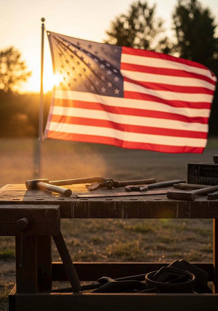 An American flag waving in the wind with tools on a wooden workbench at sunsetの写真素材