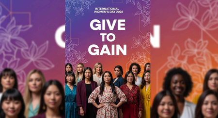 A diverse group of women celebrating International Women's Day with a Give to Gain campaign