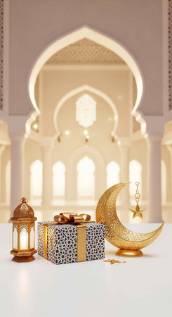 A beautifully decorated gift and lantern on a white table in a mosque with golden crescent moon