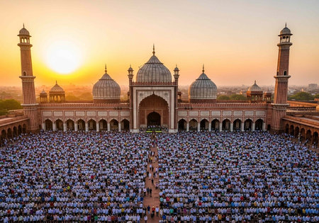 A large crowd of people gather in front of a beautiful mosque at sunset in a serene landscapeの写真素材
