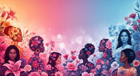 A vibrant illustration of diverse women surrounded by colorful flowers and a gradient backgroundの写真素材