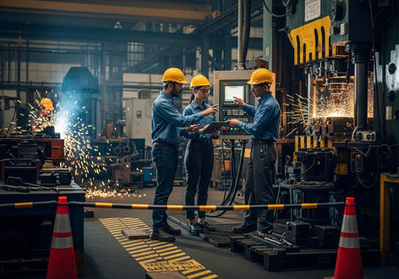 Three workers in yellow hard hats and blue uniforms inspecting machinery in an industrial factory setting with sparks flyingの写真素材