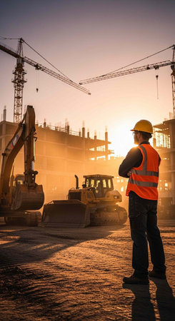 A construction worker in a hard hat and safety vest stands on a building site at sunset