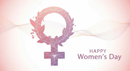 A vibrant illustration celebrating Women's Day with a floral symbol and pink hues