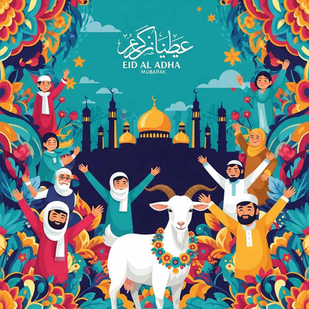 A vibrant illustration of people celebrating Eid al-Adha with a goat and mosque in the backgroundの写真素材