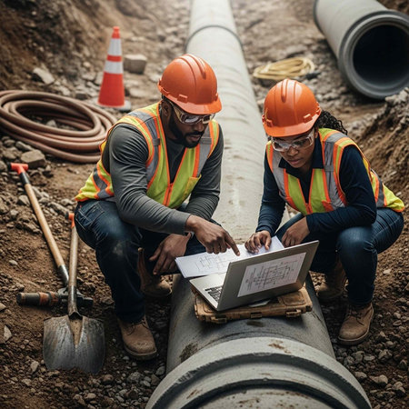 Two construction workers in hard hats and safety vests examine plans on a laptop at a building site