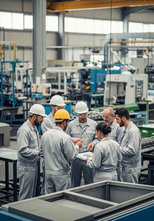 A group of industrial workers in gray uniforms and hard hats gathered around a clipboard in a...