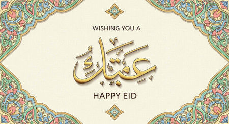 A colorful and festive Islamic greeting card with Arabic calligraphy and ornate designs for Eid...
