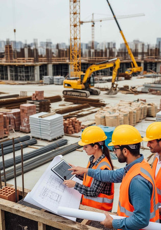 Construction workers in hard hats and vests review building plans at a construction site with a...