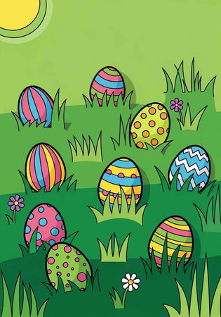 Colorful Easter eggs in a vibrant green grassy field with flowers and sunshine