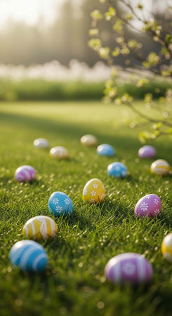 Colorful Easter eggs scattered on a lush green grassy field in a serene outdoor setting