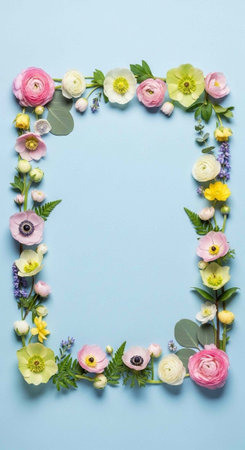 A beautiful floral frame made of colorful flowers and leaves on a light blue background for decorationの写真素材