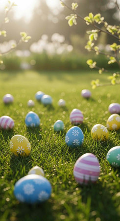 Colorful Easter eggs scattered in a lush green grassy field with blooming trees in the background.