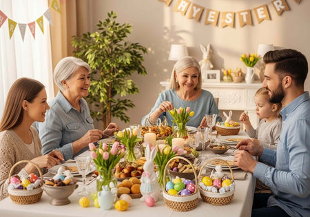 A happy family gathers around a festive Easter table with food and decorationsの写真素材