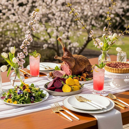 A beautifully set table with food and drinks in a garden on a sunny day with flowers
