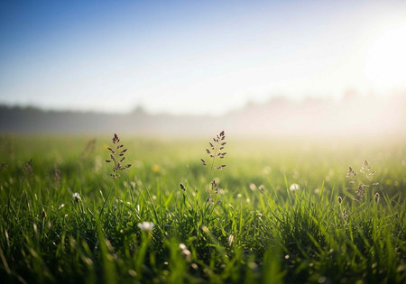A serene landscape of a lush green field with wildflowers under a clear blue sky with sunshine