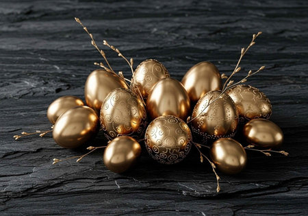 A collection of golden Easter eggs with intricate designs on a dark stone surface