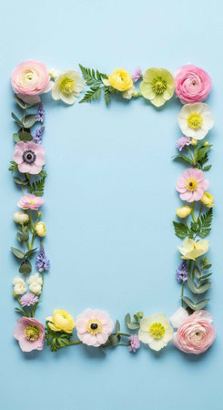 A beautiful floral frame made of colorful flowers on a light blue background for decoration and designの写真素材