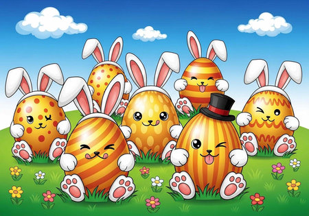 A group of cartoon Easter eggs with bunny ears and smiling faces in a grassy field with flowers